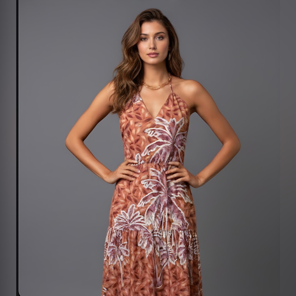 Tropical Print Ruffle Hem Tie Back Halter Dress